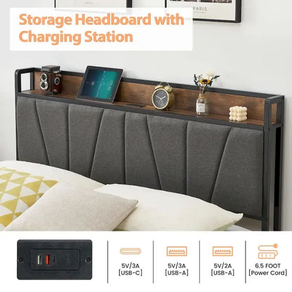 Upholstered Platform Bed Frame with Storage Headboard and Charging Station