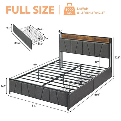 Upholstered Platform Bed Frame with Storage Headboard and Charging Station