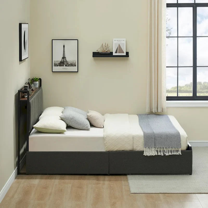 Upholstered Platform Bed Frame with Storage Headboard and Charging Station