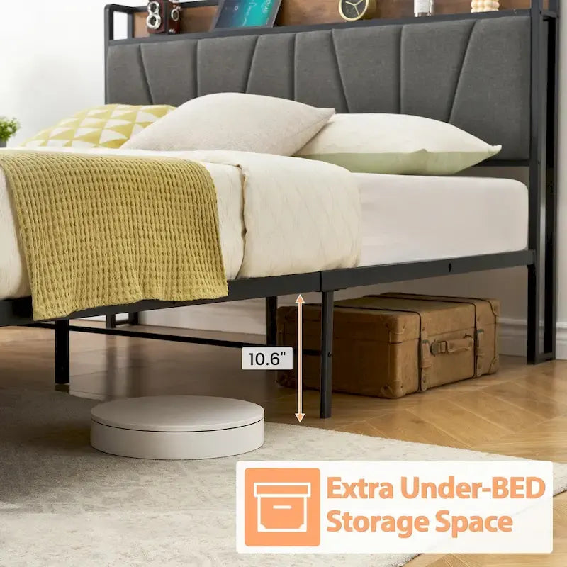 Upholstered Platform Bed Frame with Storage Headboard and Charging Station