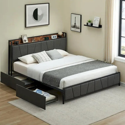 Upholstered Platform Bed Frame with Storage Headboard and Charging Station