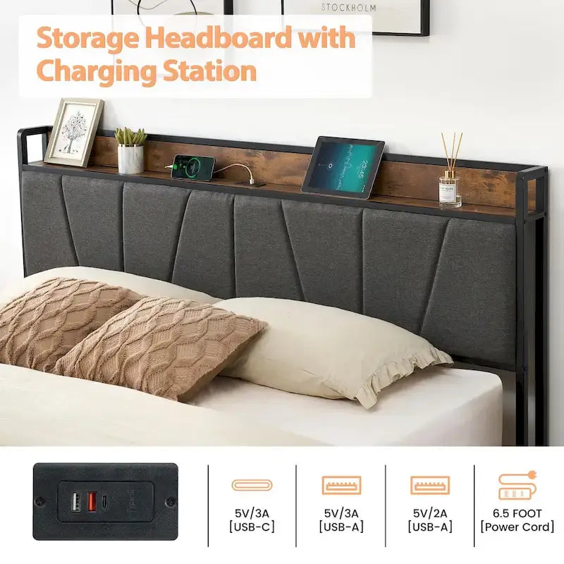 Upholstered Platform Bed Frame with Storage Headboard and Charging Station