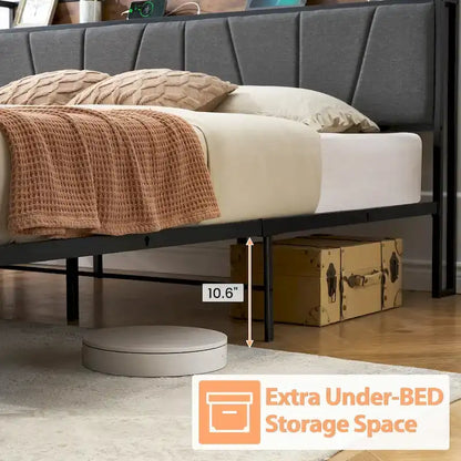 Upholstered Platform Bed Frame with Storage Headboard and Charging Station
