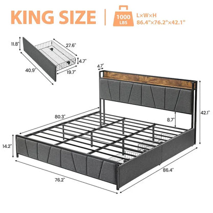 Upholstered Platform Bed Frame with Storage Headboard and Charging Station