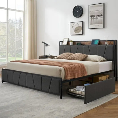 Upholstered Platform Bed Frame with Storage Headboard and Charging Station