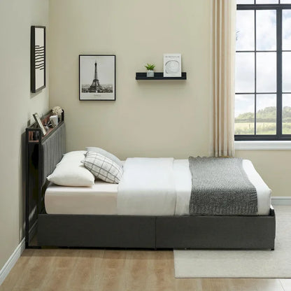 Upholstered Platform Bed Frame with Storage Headboard and Charging Station