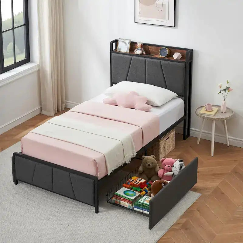 Upholstered Platform Bed Frame with Storage Headboard and Charging Station