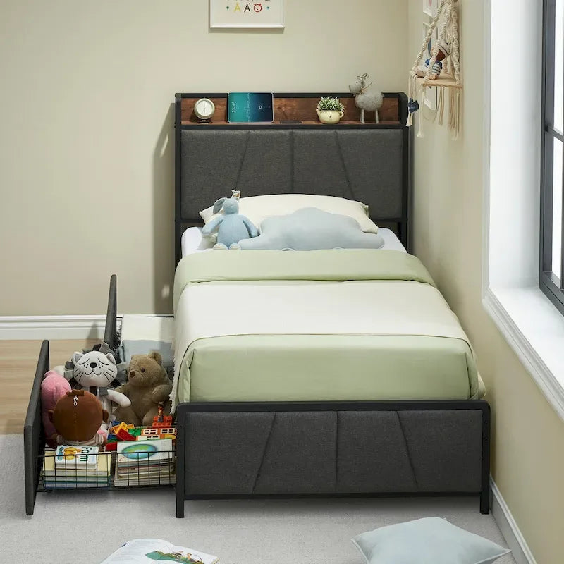 Upholstered Platform Bed Frame with Storage Headboard and Charging Station