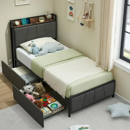 Upholstered Platform Bed Frame with Storage Headboard and Charging Station