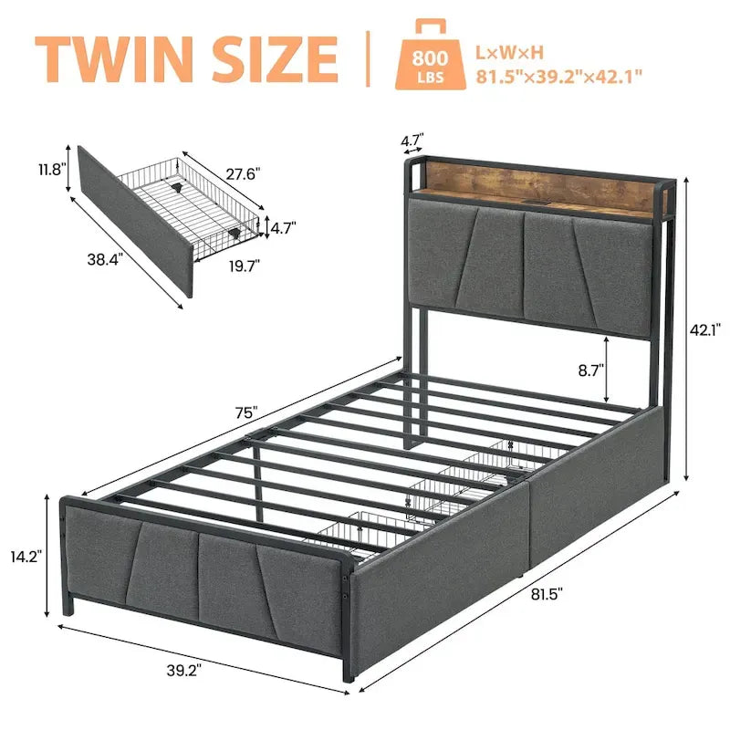Upholstered Platform Bed Frame with Storage Headboard and Charging Station