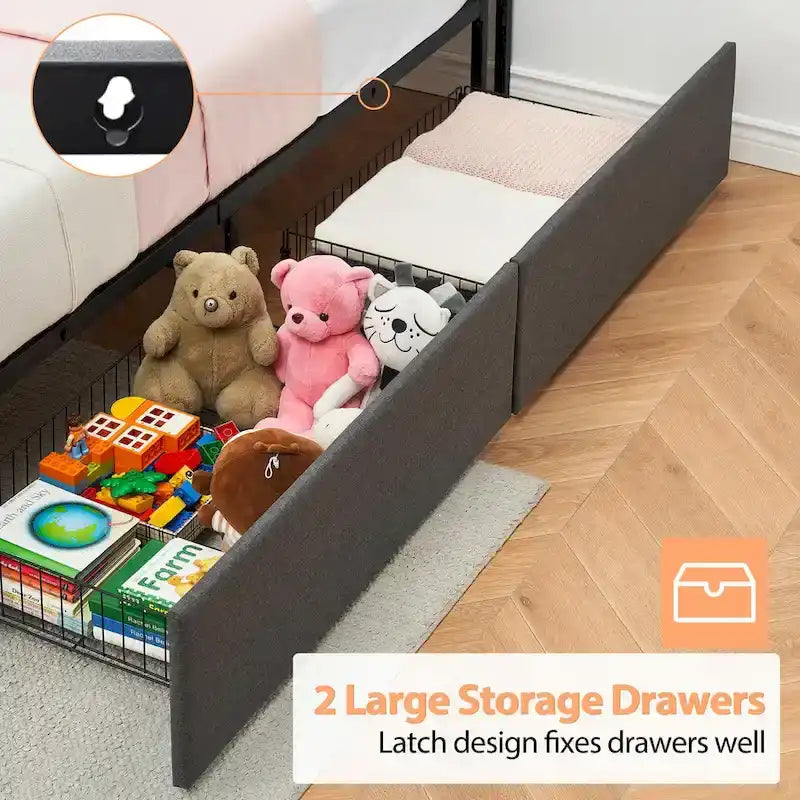 Upholstered Platform Bed Frame with Storage Headboard and Charging Station