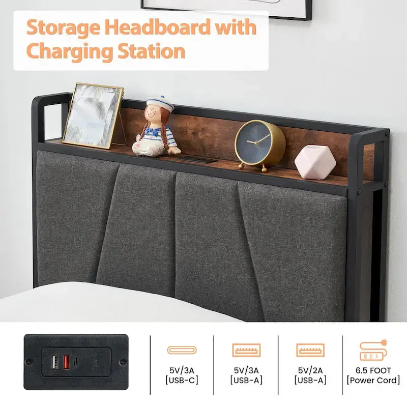 Upholstered Platform Bed Frame with Storage Headboard and Charging Station