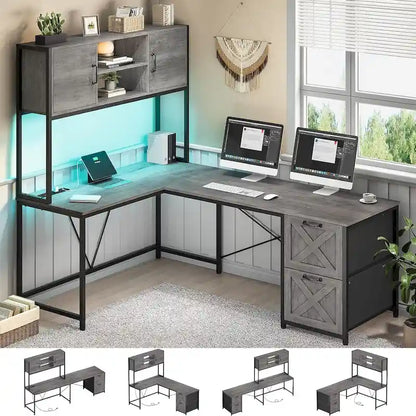L Shaped Computer Desk with Drawers Corner Gaming Desk storage shelves