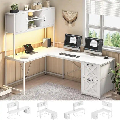 L Shaped Computer Desk with Drawers Corner Gaming Desk storage shelves