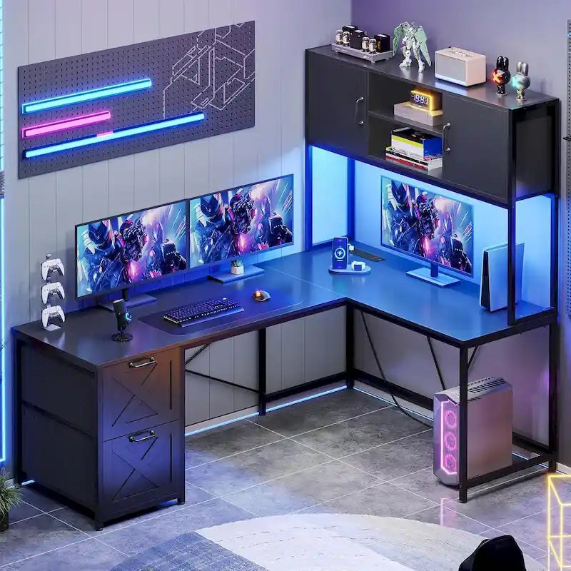 L Shaped Computer Desk with Drawers Corner Gaming Desk storage shelves