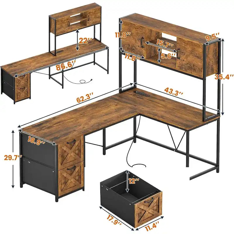 L Shaped Computer Desk with Drawers Corner Gaming Desk storage shelves