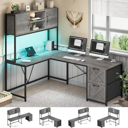 L Shaped Computer Desk with Drawers Corner Gaming Desk storage shelves