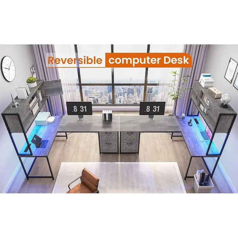 L Shaped Computer Desk with Drawers Corner Gaming Desk storage shelves