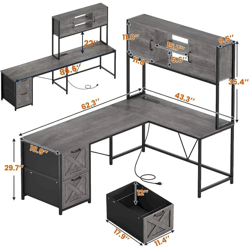 L Shaped Computer Desk with Drawers Corner Gaming Desk storage shelves