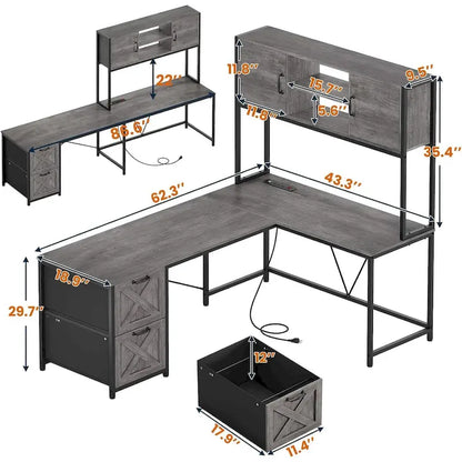 L Shaped Computer Desk with Drawers Corner Gaming Desk storage shelves