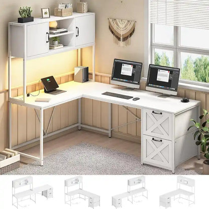 L Shaped Computer Desk with Drawers Corner Gaming Desk storage shelves