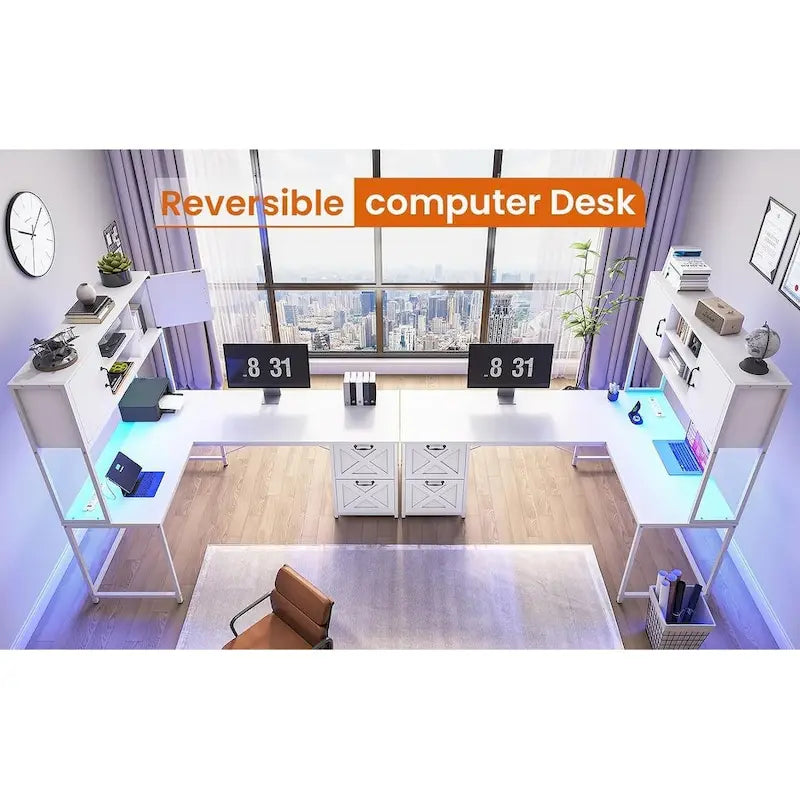 L Shaped Computer Desk with Drawers Corner Gaming Desk storage shelves