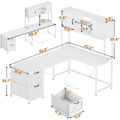 L Shaped Computer Desk with Drawers Corner Gaming Desk storage shelves