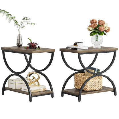 2 Tier Wood and Metal End Side Table for Living Room (Set of 2) - 2PCS