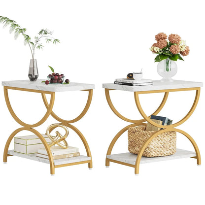 2 Tier Wood and Metal End Side Table for Living Room (Set of 2) - 2PCS