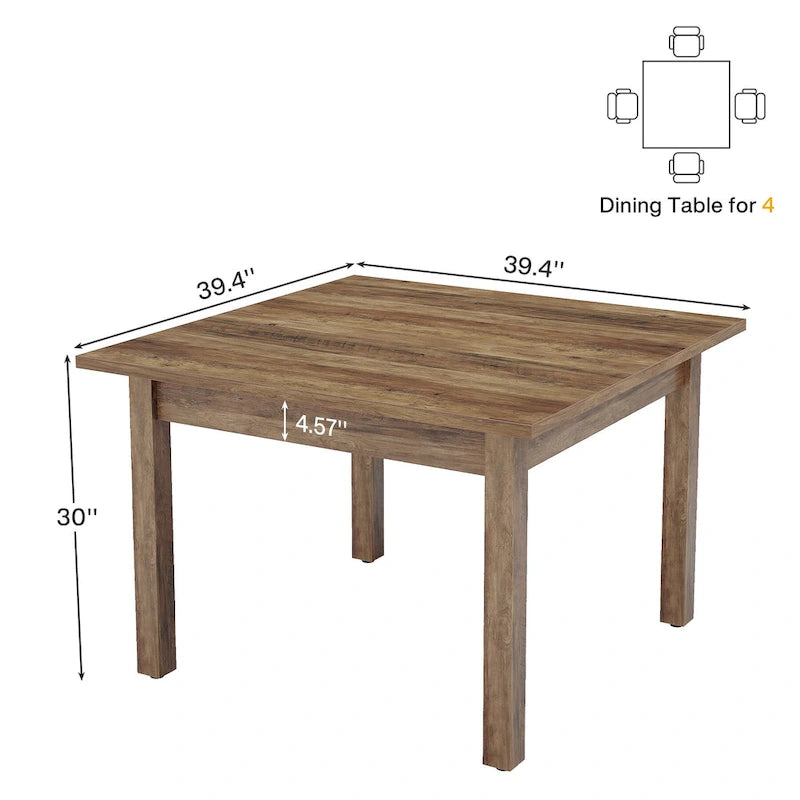 39.4 Square Dining Table with Solid Wood Legs for 4, Small Kitchen Tables for Dining Room