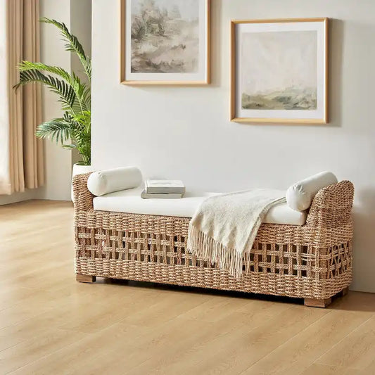 Abel Boho Coastal Ratten Storage Bench with Hollow-Carved Design and Solid Wood Foot by HULALA HOME
