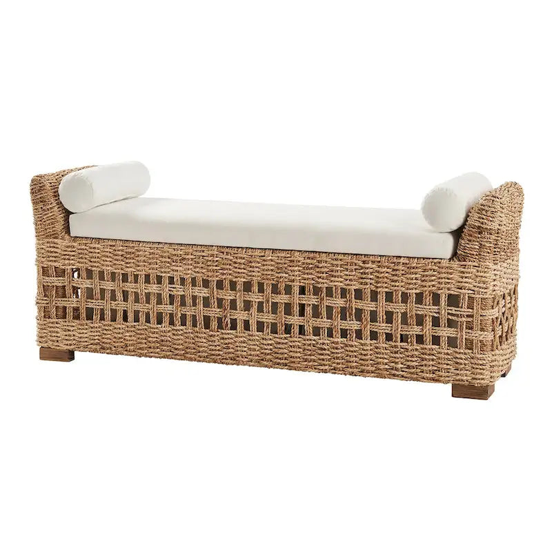 Abel Boho Coastal Ratten Storage Bench with Hollow-Carved Design and Solid Wood Foot by HULALA HOME