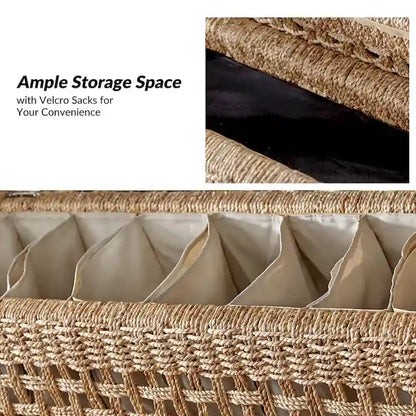 Abel Boho Coastal Ratten Storage Bench with Hollow-Carved Design and Solid Wood Foot by HULALA HOME