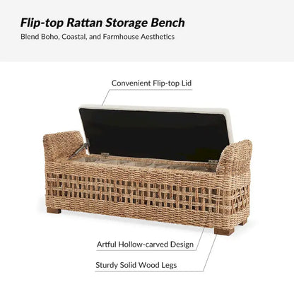 Abel Boho Coastal Ratten Storage Bench with Hollow-Carved Design and Solid Wood Foot by HULALA HOME