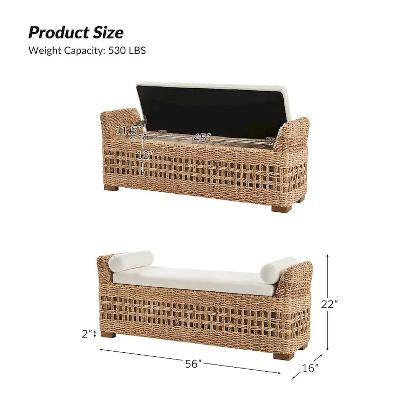Abel Boho Coastal Ratten Storage Bench with Hollow-Carved Design and Solid Wood Foot by HULALA HOME