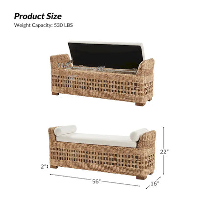 Abel Boho Coastal Ratten Storage Bench with Hollow-Carved Design and Solid Wood Foot by HULALA HOME