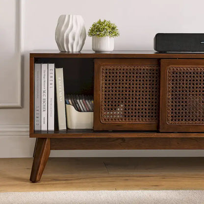 59 Inch Mid Century Modern Rattan TV Stand for 65 Inch TV