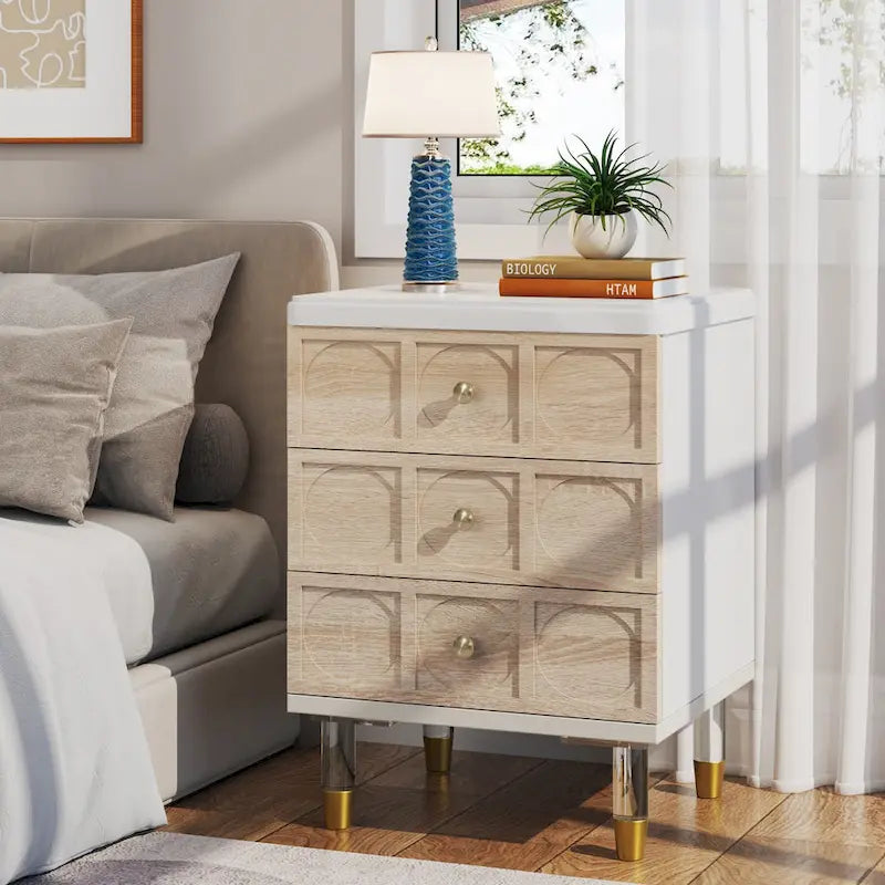 Nightstand Bedside Table with 3 Drawers, Bedroom Tall Night Stands Sofa End Table with Storage for Bedroom, Living Room