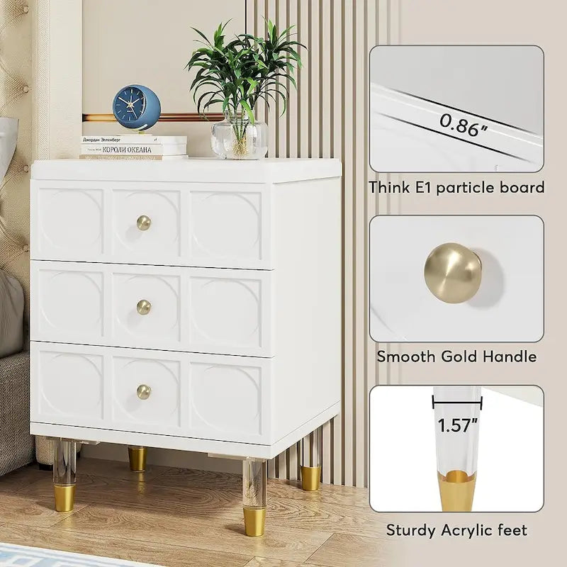 Nightstand Bedside Table with 3 Drawers, Bedroom Tall Night Stands Sofa End Table with Storage for Bedroom, Living Room