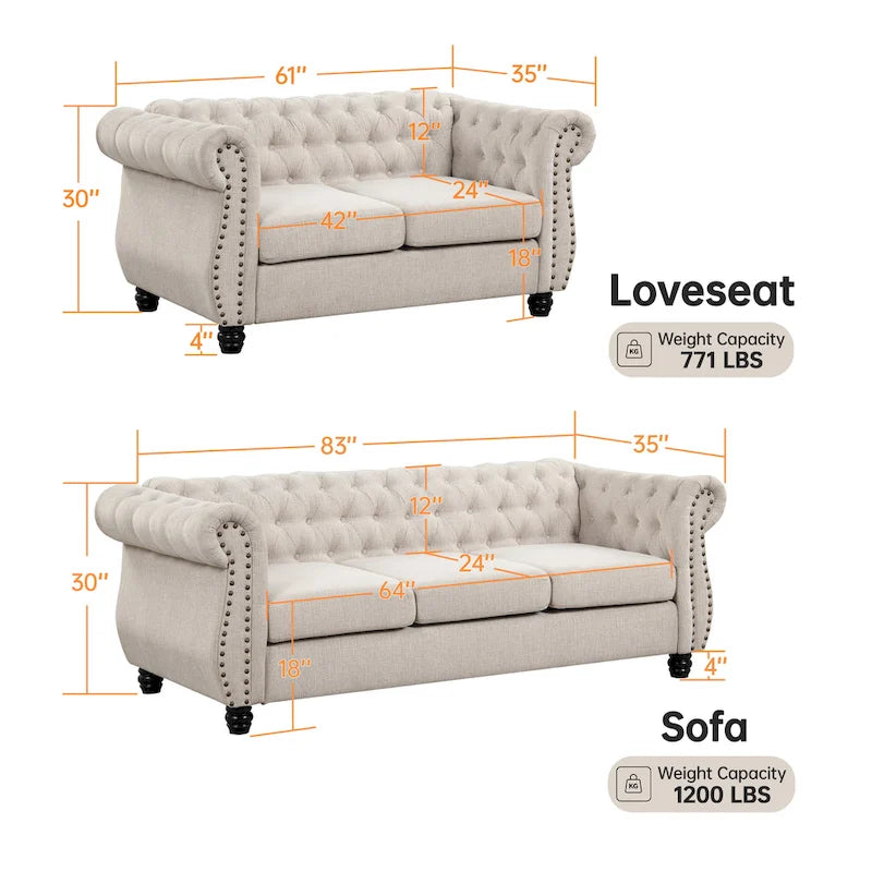 Morden Fort Lovaseat and Sofa Set Tufted Upholstered Chesterfield Furniture Set