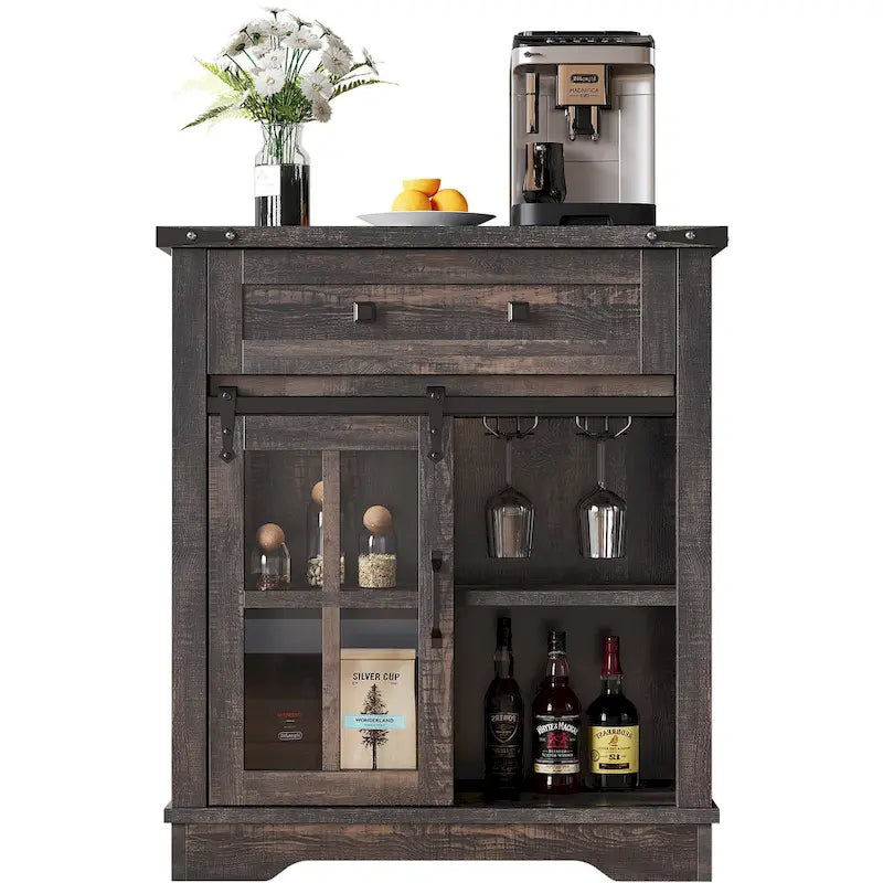 Moasis Farmhouse Coffee Bar Cabinet with Sliding Barn Door and Wine Glass Holder