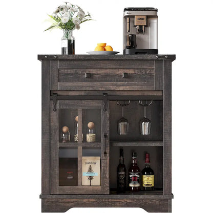 Moasis Farmhouse Coffee Bar Cabinet with Sliding Barn Door and Wine Glass Holder
