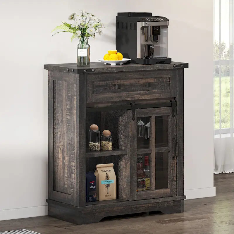 Moasis Farmhouse Coffee Bar Cabinet with Sliding Barn Door and Wine Glass Holder