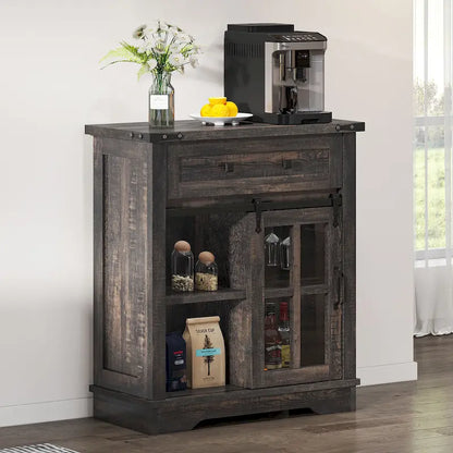 Moasis Farmhouse Coffee Bar Cabinet with Sliding Barn Door and Wine Glass Holder