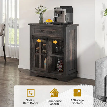 Moasis Farmhouse Coffee Bar Cabinet with Sliding Barn Door and Wine Glass Holder