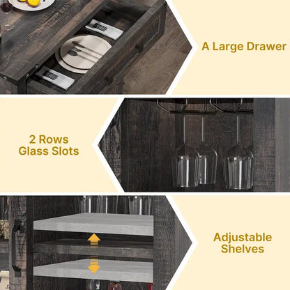 Moasis Farmhouse Coffee Bar Cabinet with Sliding Barn Door and Wine Glass Holder