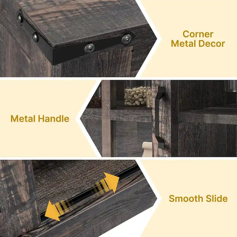 Moasis Farmhouse Coffee Bar Cabinet with Sliding Barn Door and Wine Glass Holder