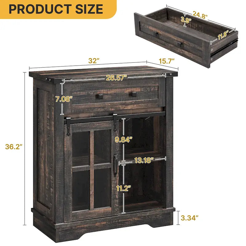 Moasis Farmhouse Coffee Bar Cabinet with Sliding Barn Door and Wine Glass Holder