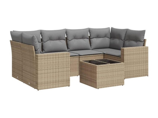 7-piece garden furniture set with cushions, beige woven resin