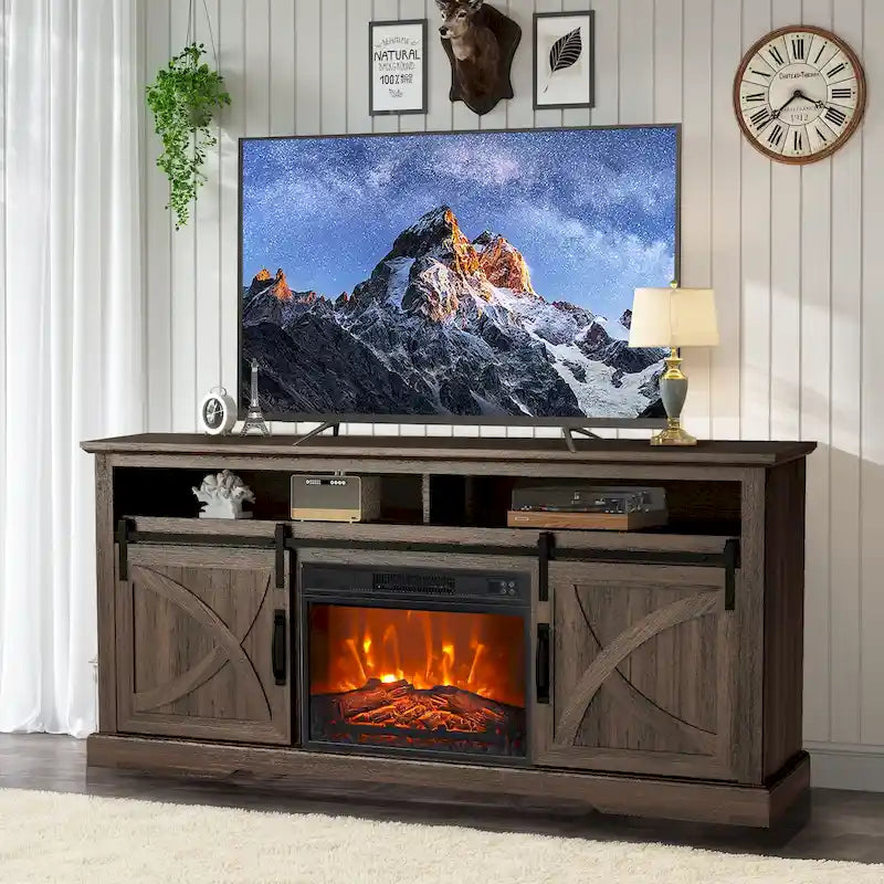68 Farmhouse Sliding Barn Door Fireplace TV Stands Console Table with 23 Electric Fireplace